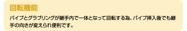 回転機能　パイプとグラブリングが継手内で一体となって回転する為、パイプ挿入後でも継手の向きが変えられ便利です。